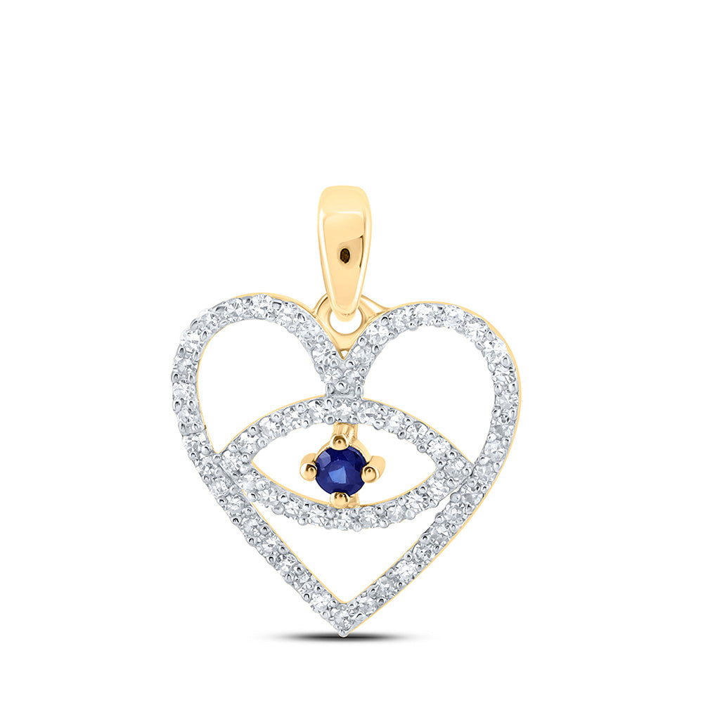 10K White Or Yellow Gold Womens Round Blue Sapphire Diamond Eye Heart Pendant