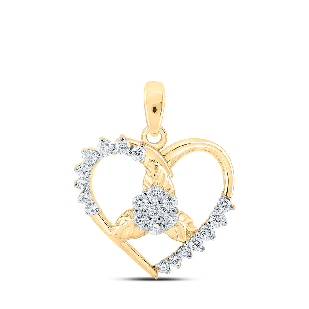 10K Yellow Or Rose Gold Womens Round Diamond Flower Heart Pendant