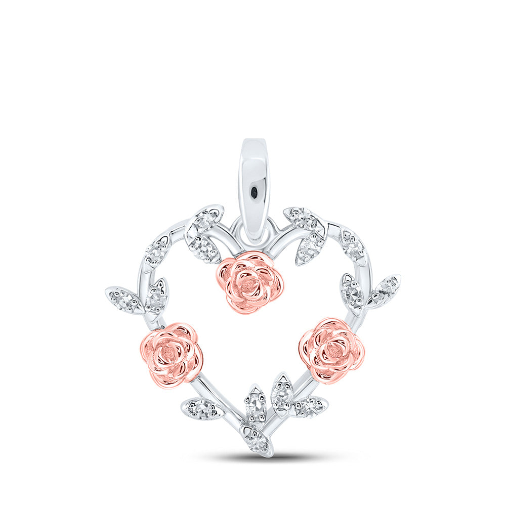 Sterling Silver Womens Round Diamond Rose Heart Pendant 1/12 Cttw, Length: 0.66 In, Width: 0.48 In