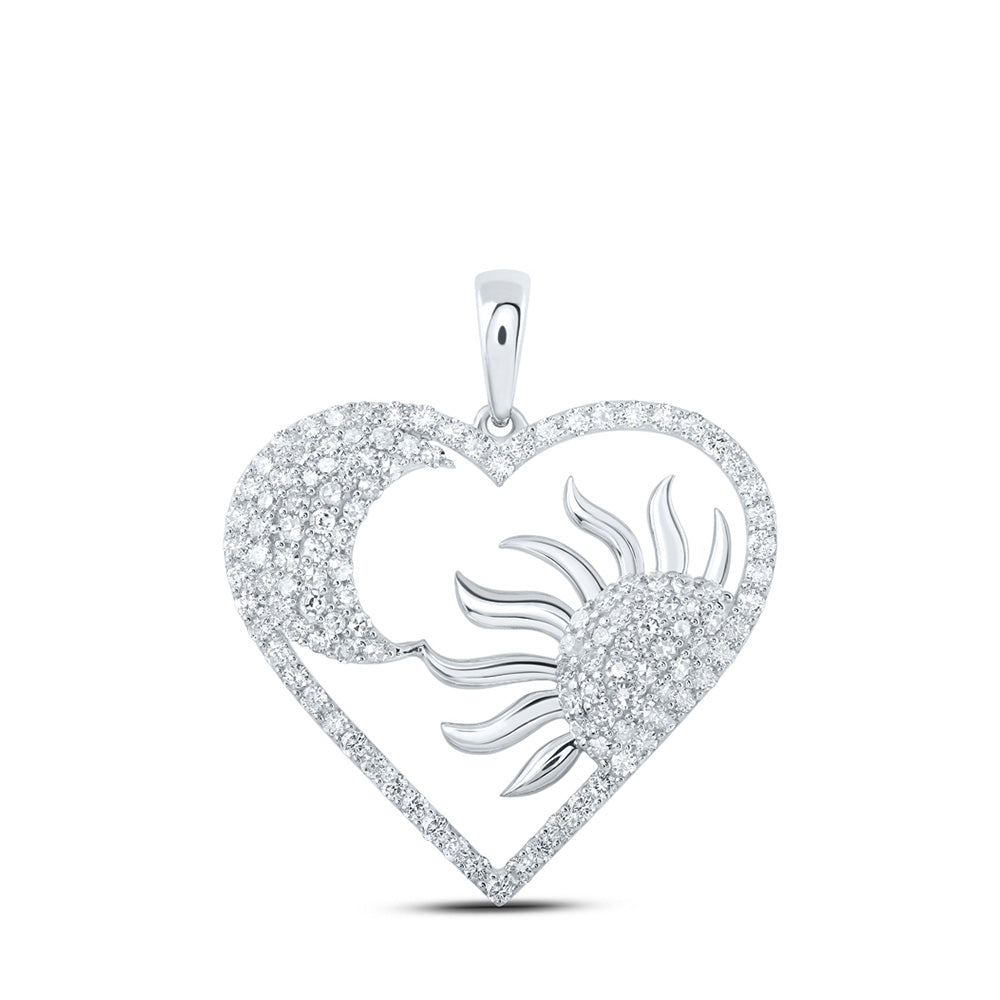 10K White Gold Womens Round Diamond Sun Moon Heart Pendant 1 Cttw, Length: 0.93 In, Width: 1.02 In