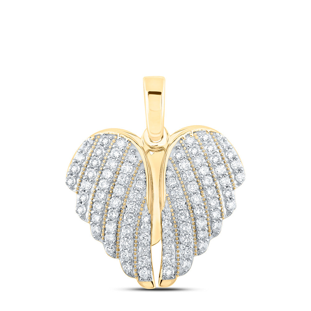 10K Yellow Gold Womens Round Diamond Wing Heart Pendant 1 Cttw, Length: 1.43 In, Width: 0.96 In