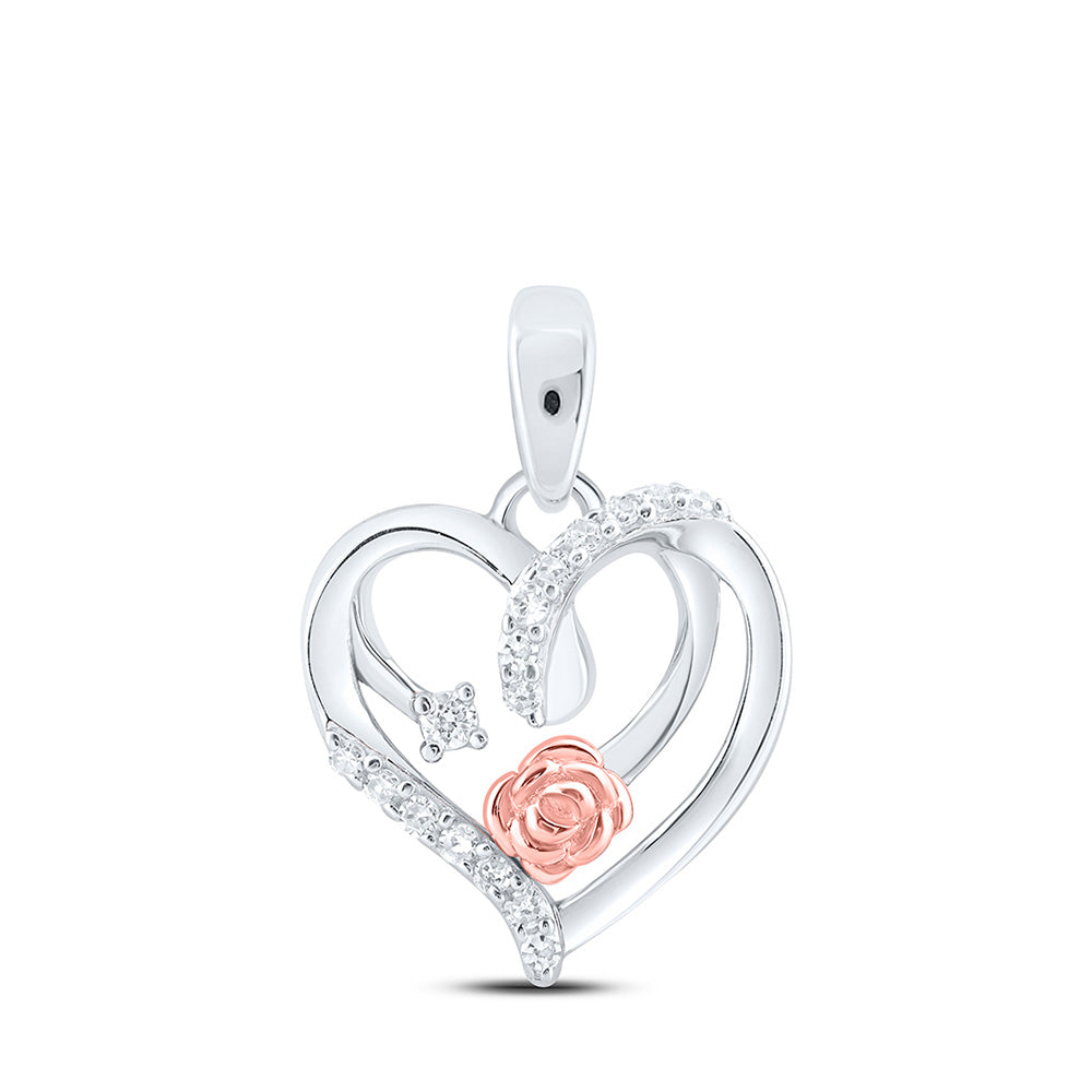 Sterling Silver Womens Round Diamond Rose Heart Pendant 1/12 Cttw, Length: 0.68 In, Width: 0.46 In