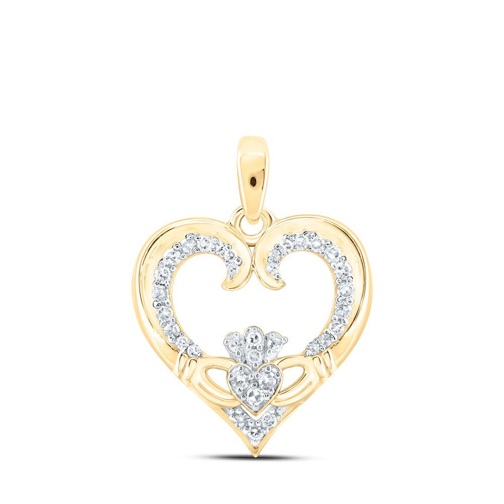 10K Yellow Or White Or Rose Gold Womens Round Diamond Claddagh Heart Pendant