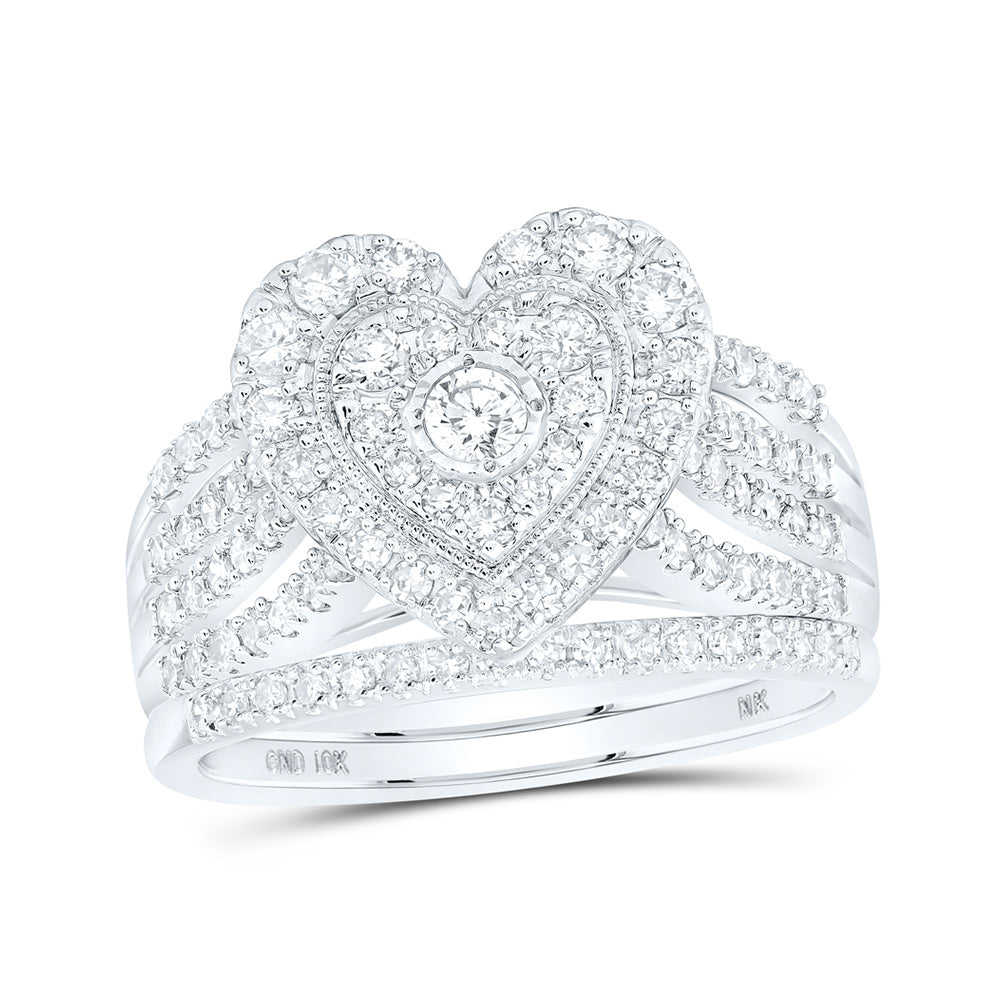 10K Yellow Or White Or Rose Gold Round Diamond Heart Bridal Wedding Ring Band Set , Womens Size: 5-10
