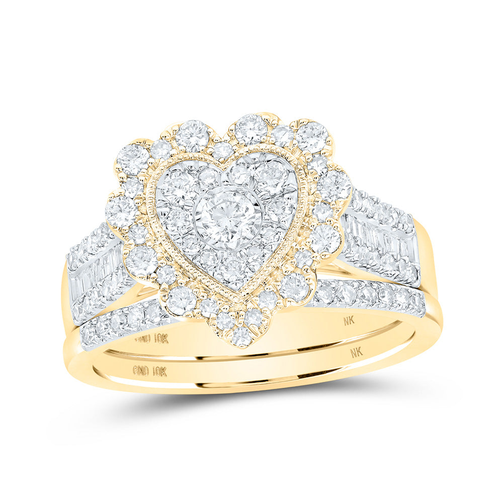 10K Yellow Or White Or Rose Gold Round Diamond Heart Bridal Wedding Ring Band Set , Womens Size: 5-10