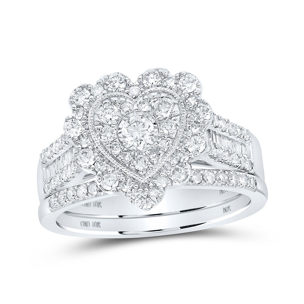 10K Yellow Or White Or Rose Gold Round Diamond Heart Bridal Wedding Ring Band Set , Womens Size: 5-10