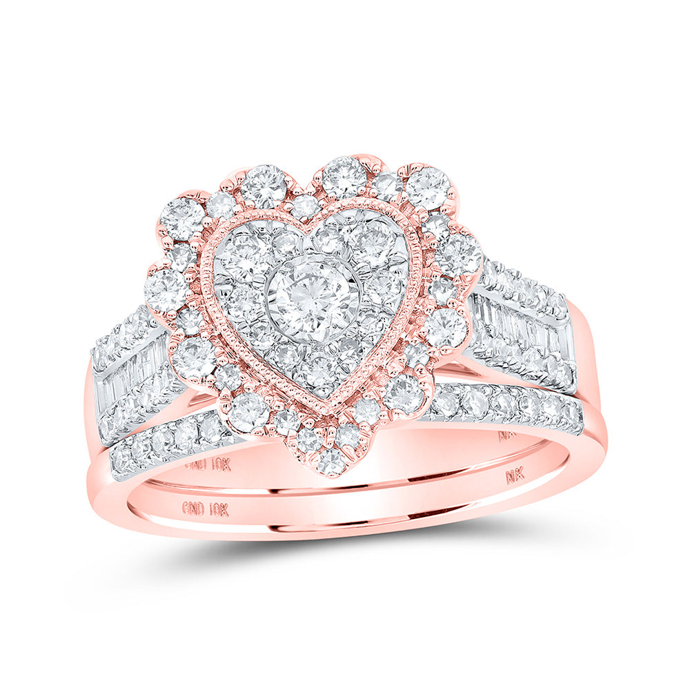 10K Yellow Or White Or Rose Gold Round Diamond Heart Bridal Wedding Ring Band Set , Womens Size: 5-10