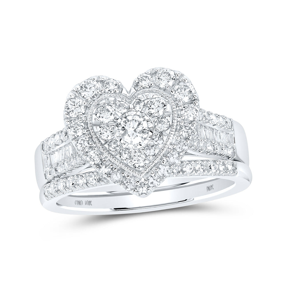 10K Yellow Or White Or Rose Gold Round Diamond Heart Bridal Wedding Ring Band Set , Womens Size: 5-10