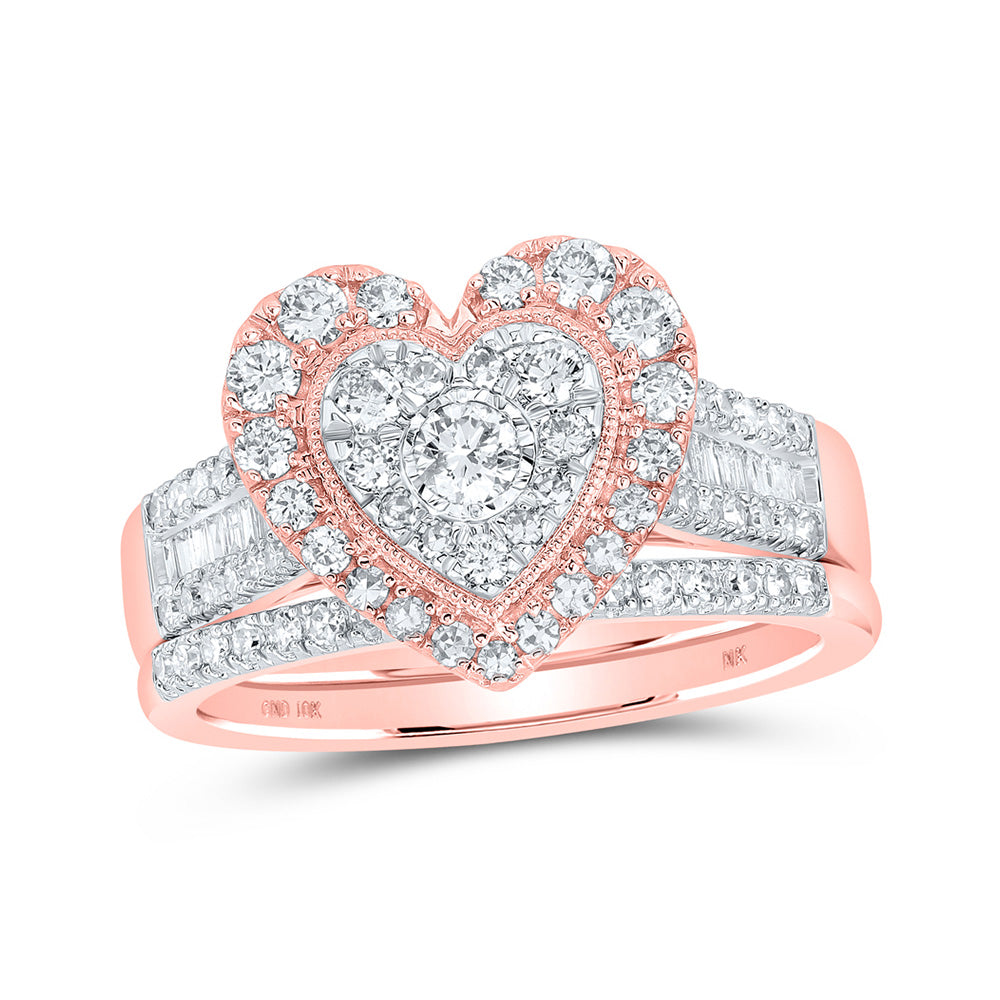 10K Yellow Or White Or Rose Gold Round Diamond Heart Bridal Wedding Ring Band Set , Womens Size: 5-10