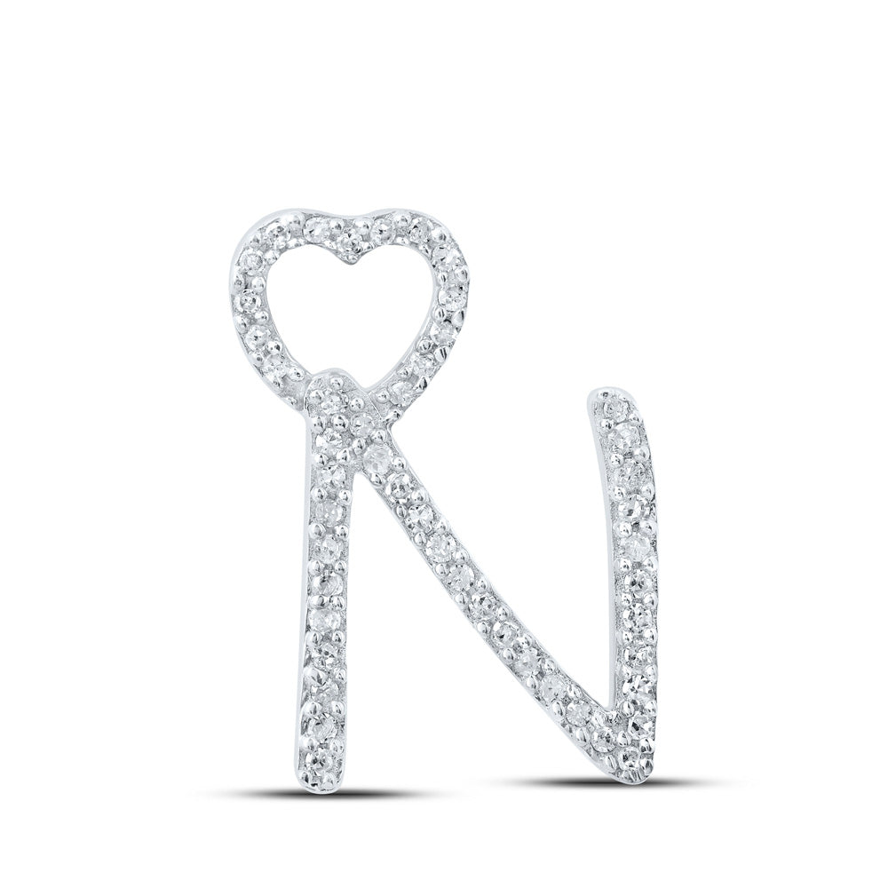 10K White Gold Womens Round Diamond Heart Letter Pendant
