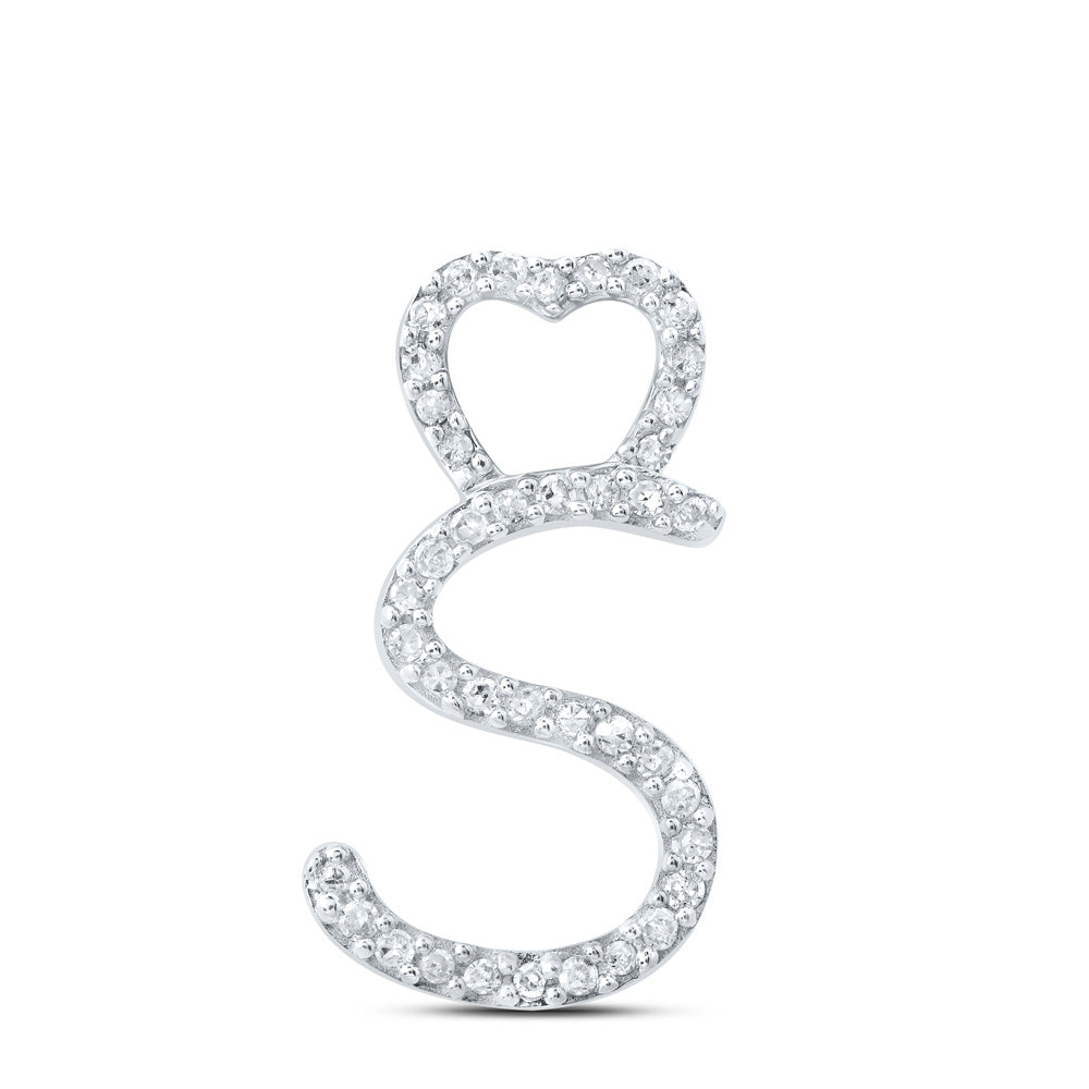 10K White Gold Womens Round Diamond Heart Letter Pendant