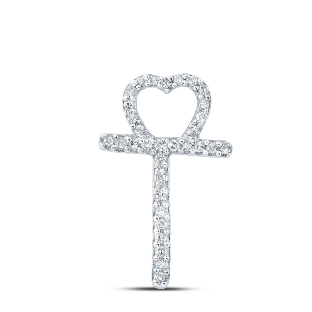 10K White Gold Womens Round Diamond Heart Letter Pendant
