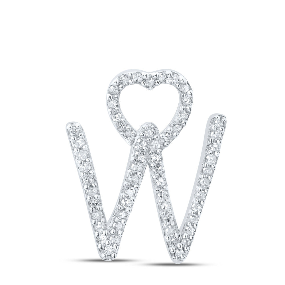 10K White Gold Womens Round Diamond Heart Letter Pendant
