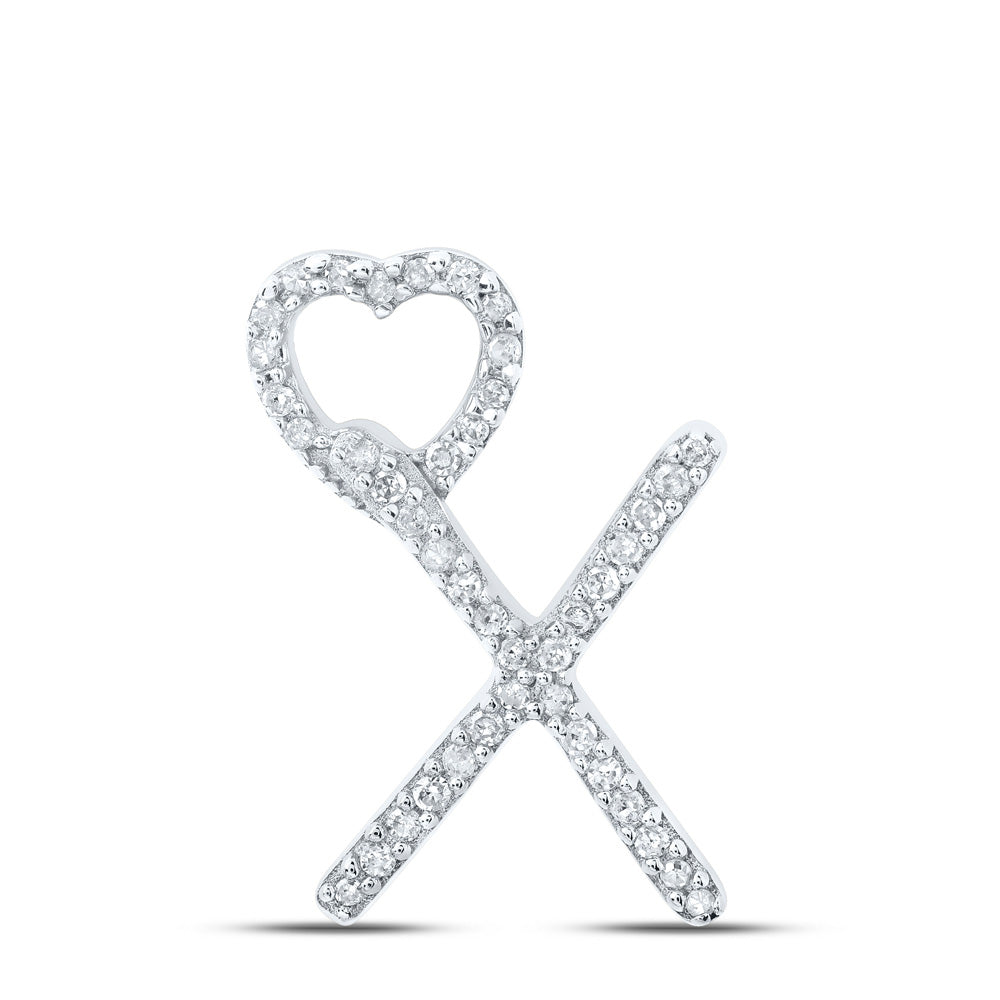 10K White Gold Womens Round Diamond Heart Letter Pendant