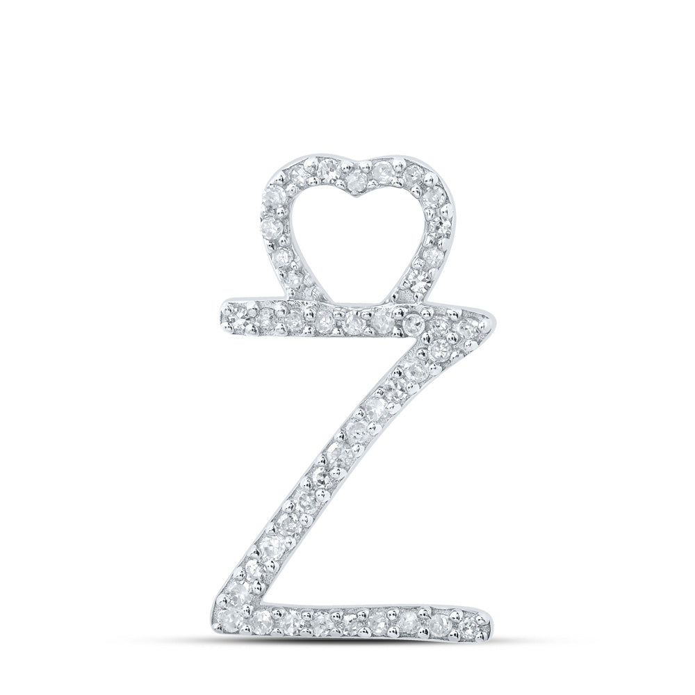 10K White Gold Womens Round Diamond Heart Letter Pendant