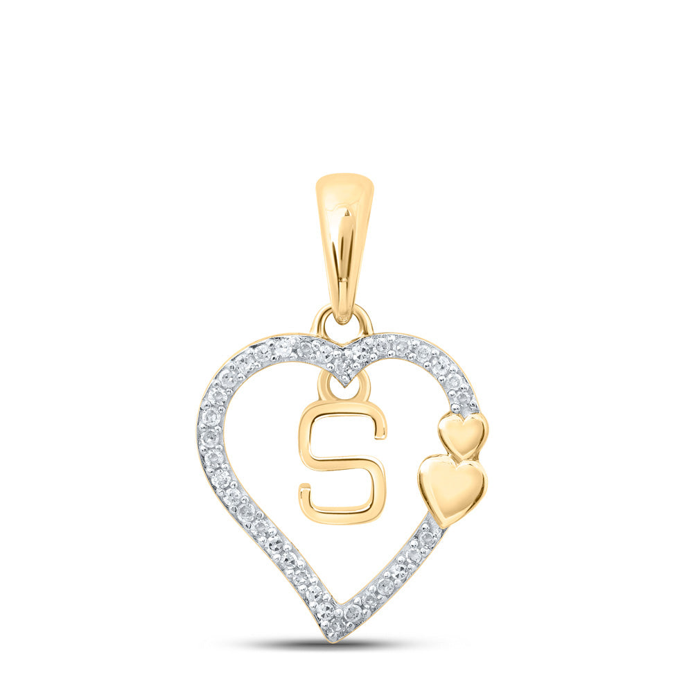 10K Yellow Gold Womens Round Diamond S Heart Letter Pendant 1/10 Cttw, Length: 0.87 In, Width: 0.53 In