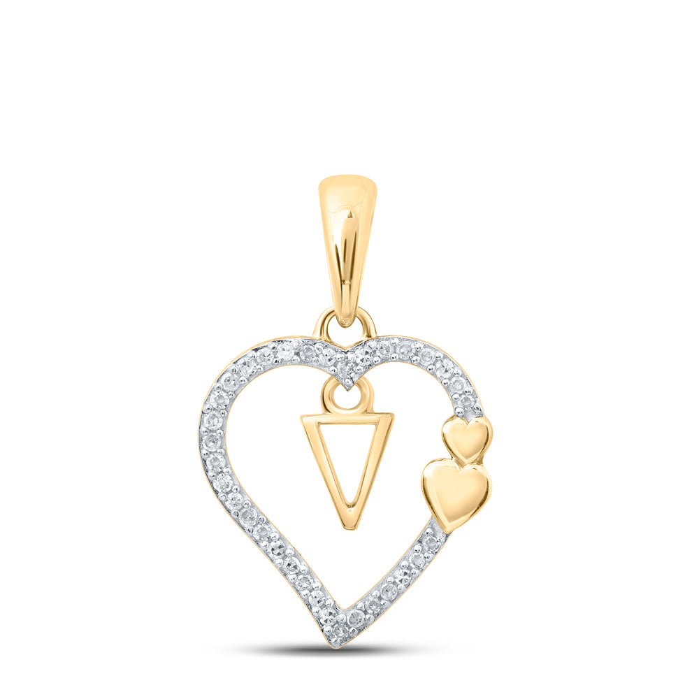 10K White Or Yellow Gold Womens Round Diamond V Heart Letter Pendant