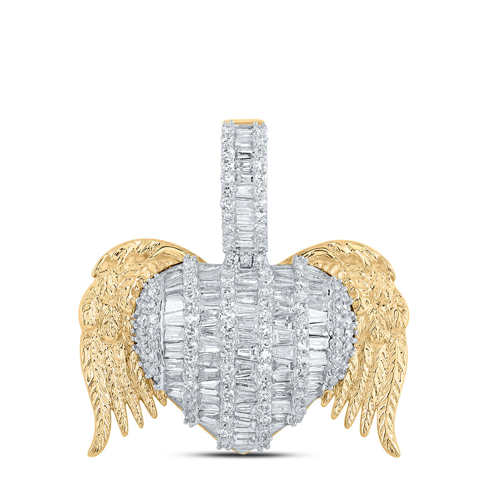 10K Yellow Gold Womens Round Diamond Wing Heart Pendant 2 Cttw, Length: 1.14 In, Width: 1.2 In