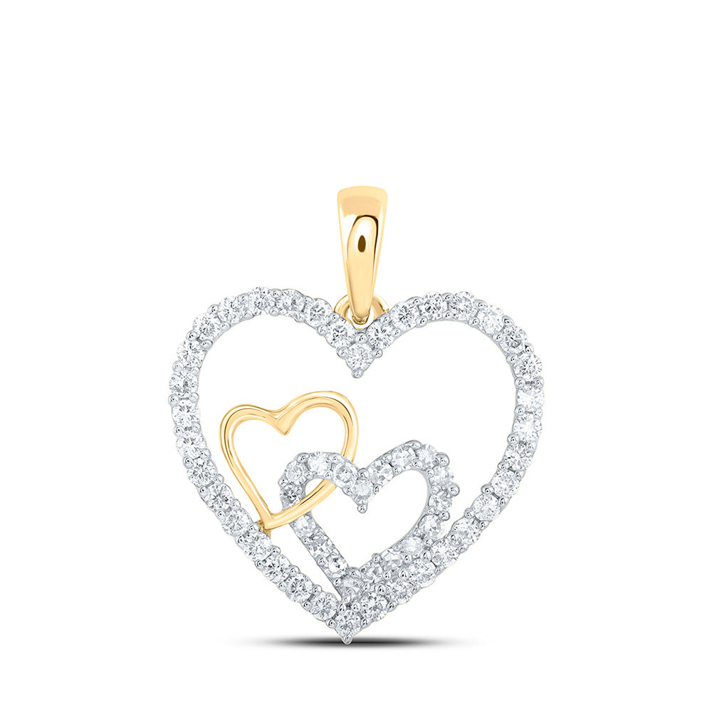 10K Yellow Or White Or Rose Gold Womens Round Diamond Nested Heart Pendant
