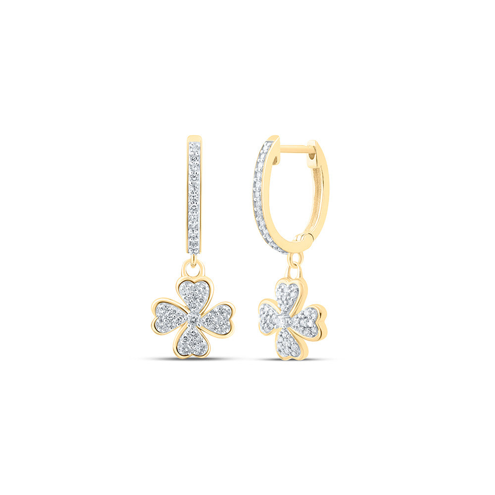 10K Yellow Gold Womens Round Diamond Clover Heart Hoop Dangle Earrings 1/3 Cttw