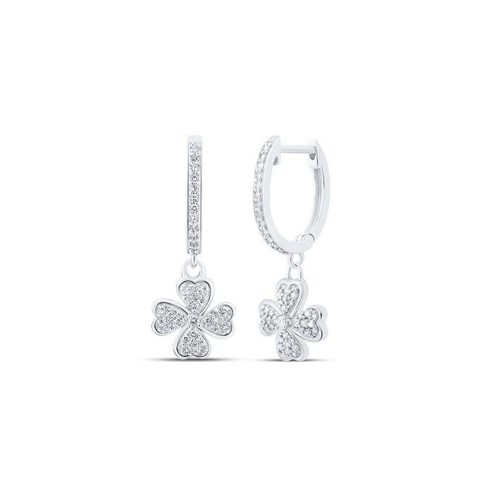 10K Yellow Or White Or Rose Gold Womens Round Diamond Clover Heart Hoop Dangle Earrings