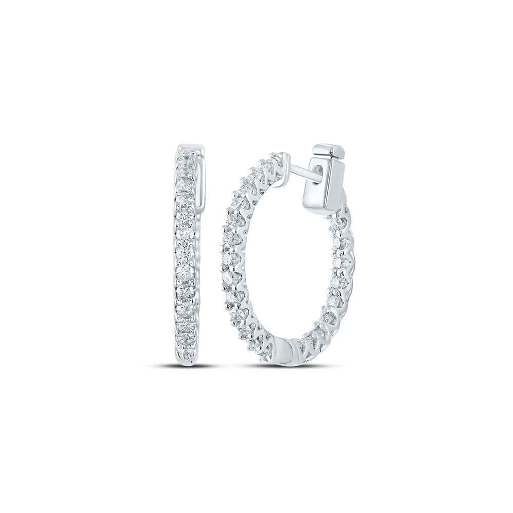 14K White Gold Womens Round Diamond Inside Outside Hoop Earrings 3/4 Cttw