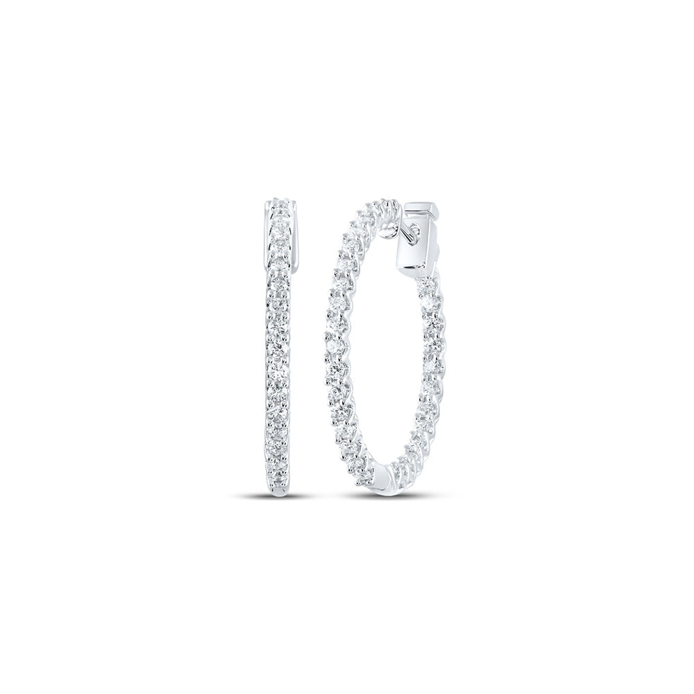 14K White Gold Womens Round Diamond Inside Outside Hoop Earrings 1 Cttw