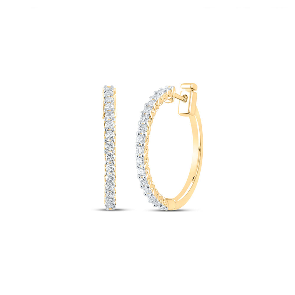 14K Yellow Gold Womens Round Diamond Hoop Earrings 7/8 Cttw
