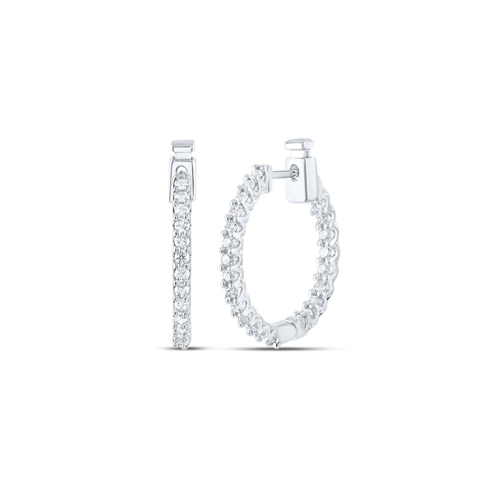 14K White Or Yellow Gold Womens Round Diamond Inside Outside Hoop Earrings