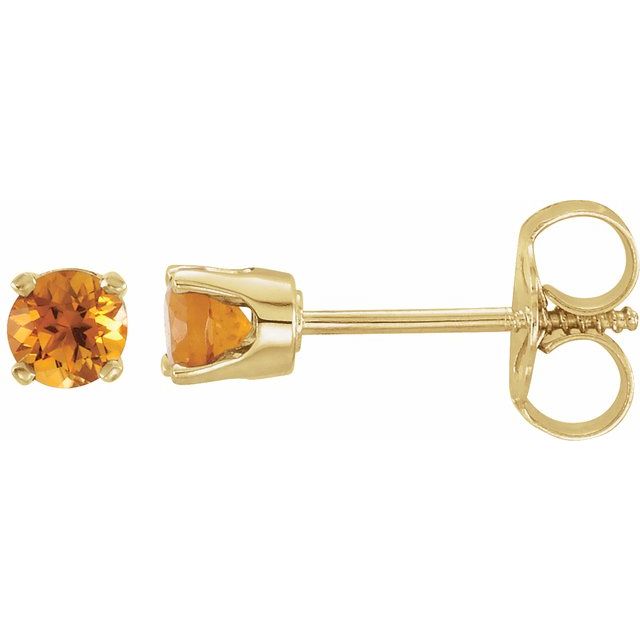 14K Yellow Gold Round Pair 3 Mm Threaded 4-Prong Polished Natural Citrine Youth Earrings With Backs