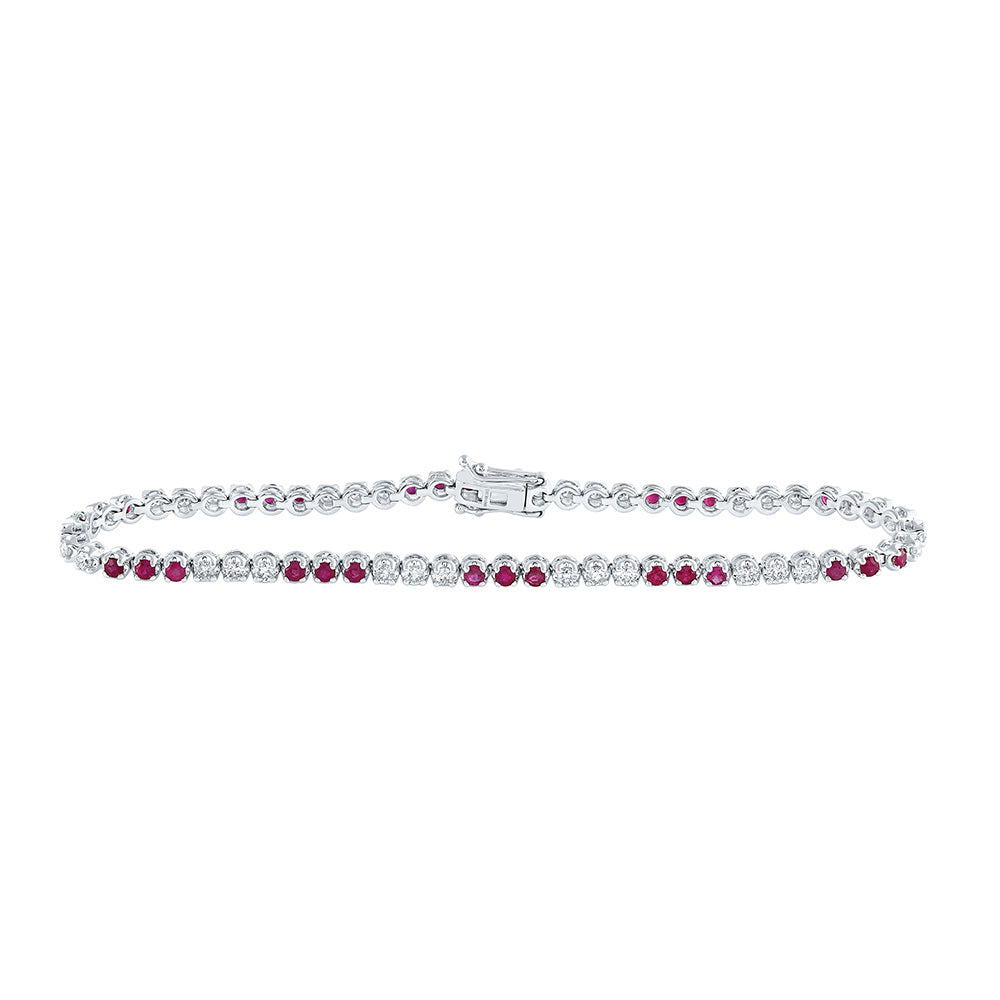 14K White Gold Womens Round Ruby Diamond Tennis Bracelet 2-1/2 Cttw