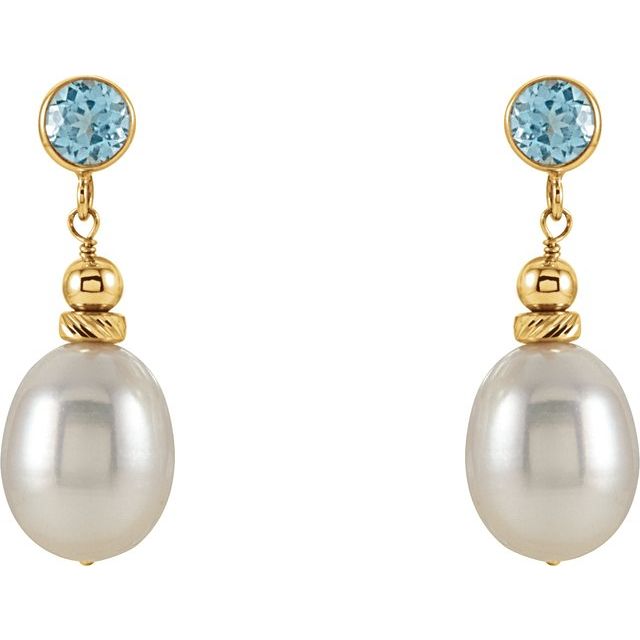 14K Yellow Gold 8.0-8.5 Mm Friction Backs Polished Cultured White Freshwater Pearl And Swiss Blue Topaz Earrings