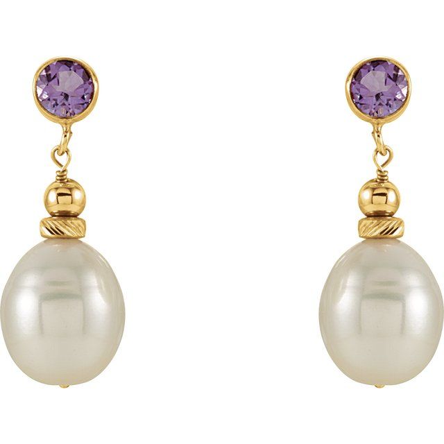 14K Yellow Gold 8.0-8.5 Mm Friction Backs Polished Cultured White Freshwater Pearl And Natural Amethyst Earrings