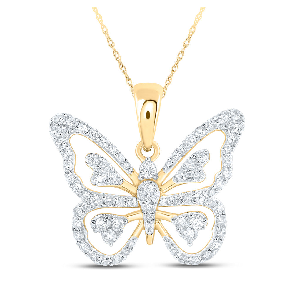 10K Yellow Or White Or Rose Gold Womens Round Diamond Butterfly Pendant