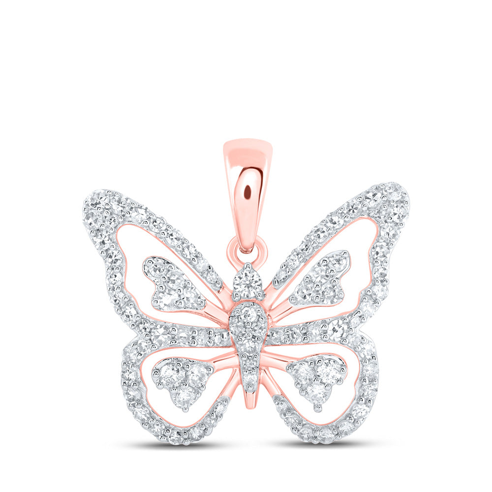 10K Yellow Or White Or Rose Gold Womens Round Diamond Butterfly Pendant