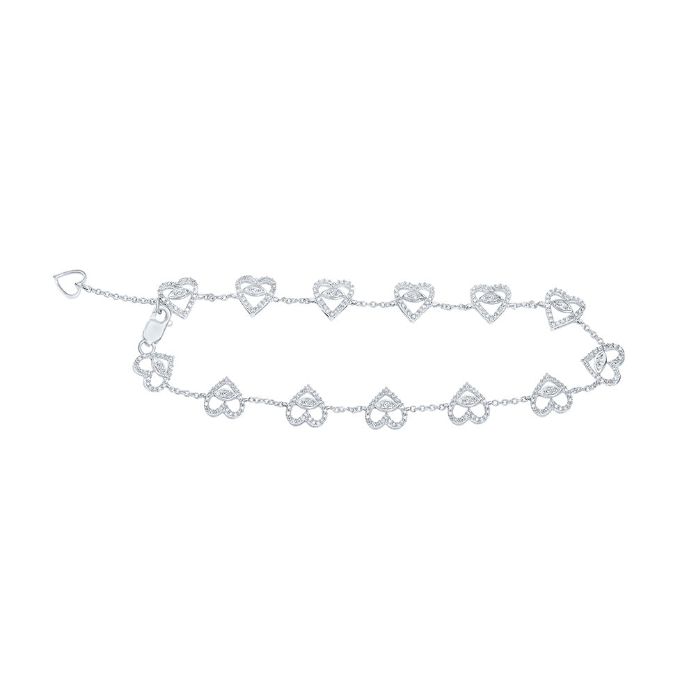 10K White Gold Womens Round Diamond Heart Bracelet 3/4 Cttw