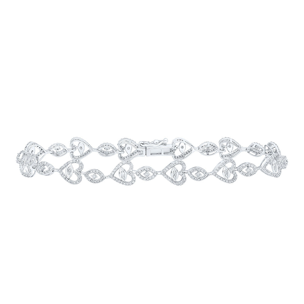 10K White Gold Womens Round Diamond Heart Bracelet 1 Cttw