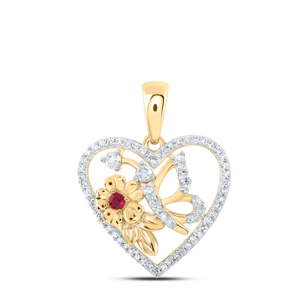 10K Yellow Or White Or Rose Gold Womens Round Ruby Diamond Butterfly Heart Pendant