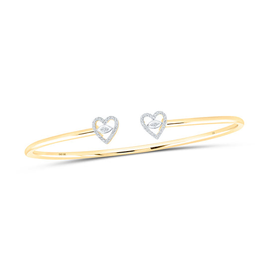 10K Yellow Gold Womens Round Diamond Heart Bangle Bracelet 1/10 Cttw