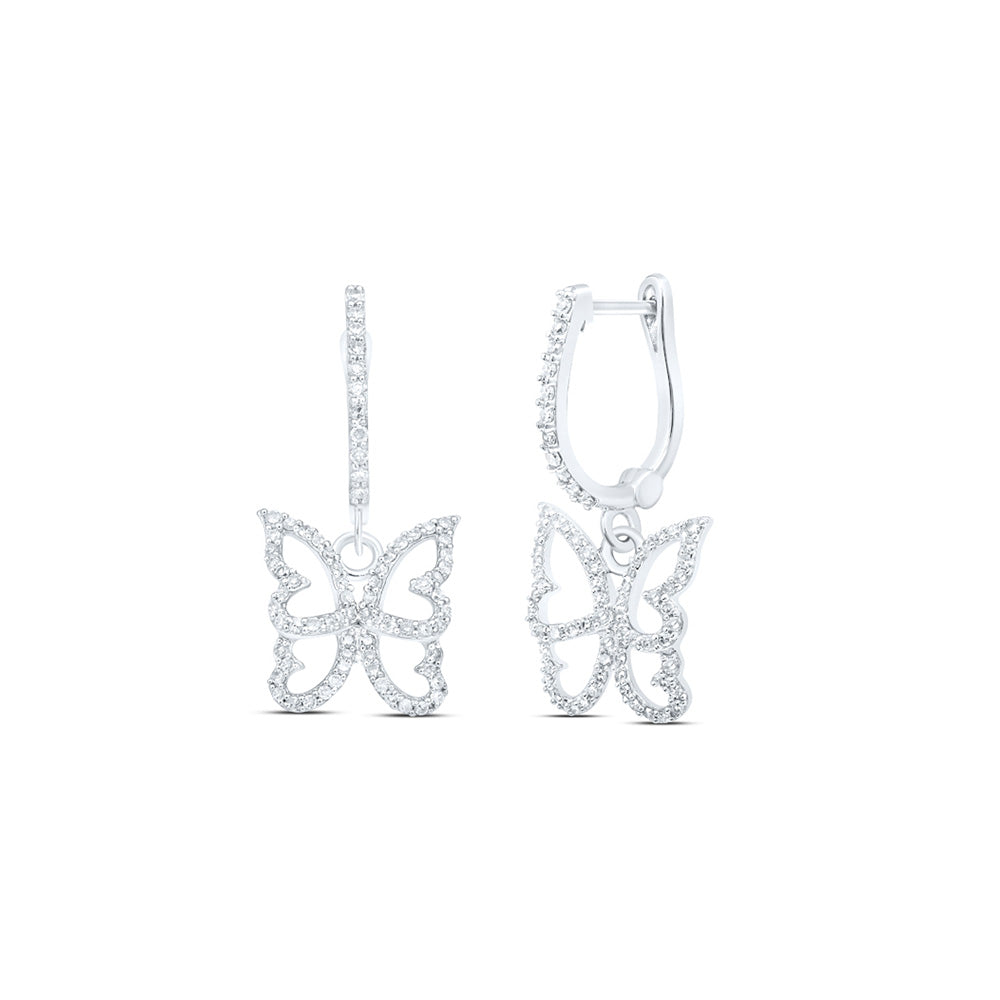 10K Yellow Or White Or Rose Gold Womens Round Diamond Butterfly Dangle Earrings