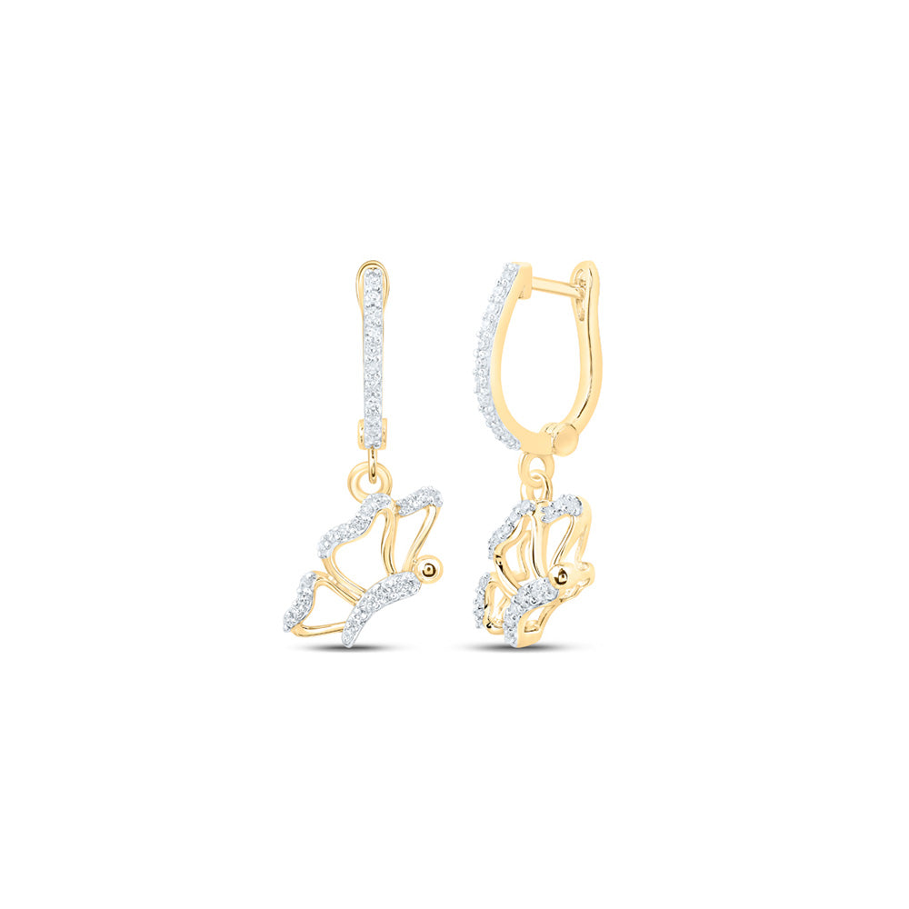10K Yellow Or White Or Rose Gold Womens Round Diamond Butterfly Dangle Earrings