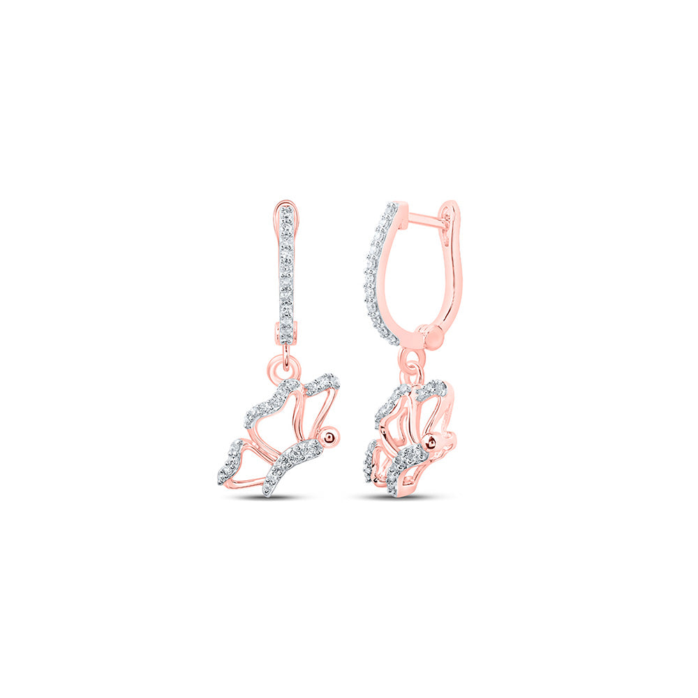 10K Yellow Or White Or Rose Gold Womens Round Diamond Butterfly Dangle Earrings