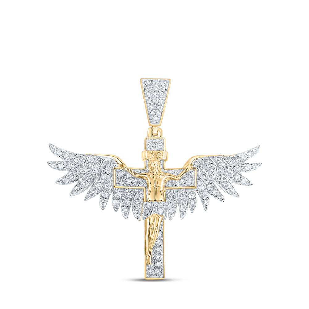 10K Yellow Gold Mens Round Diamond Jesus Wings Cross Charm Pendant 1 Cttw, Length: 1.41 In, Width: 1.46 In