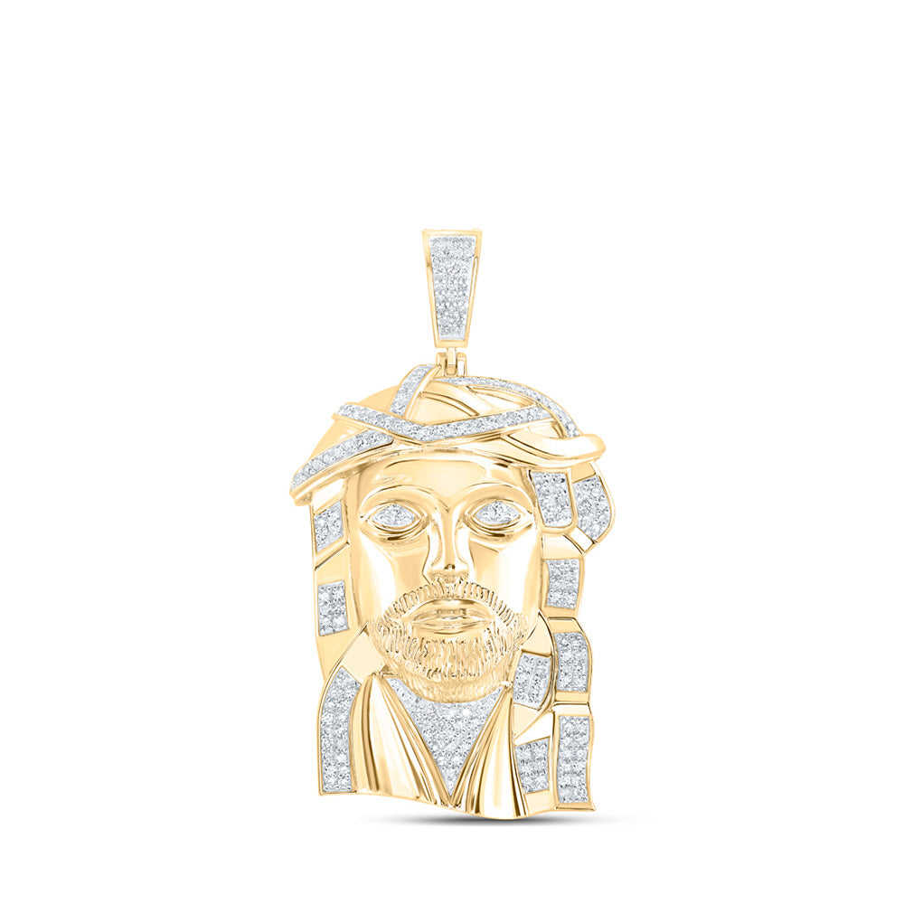 10K Yellow Gold Mens Round Diamond Jesus Face Charm Pendant 1-1/2 Cttw