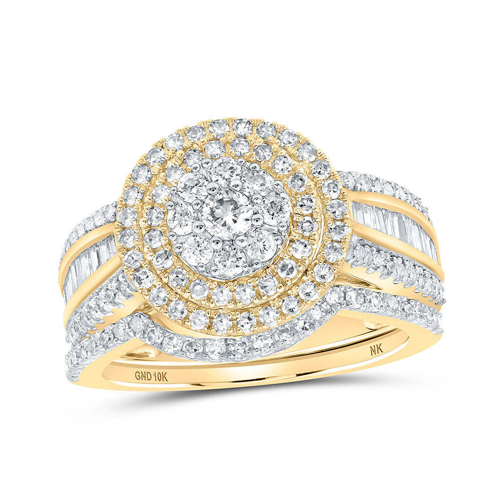 10K Yellow Gold Round Diamond Cluster Bridal Wedding Ring Band Set 1-1/4 Cttw, Womens Size: 5-10