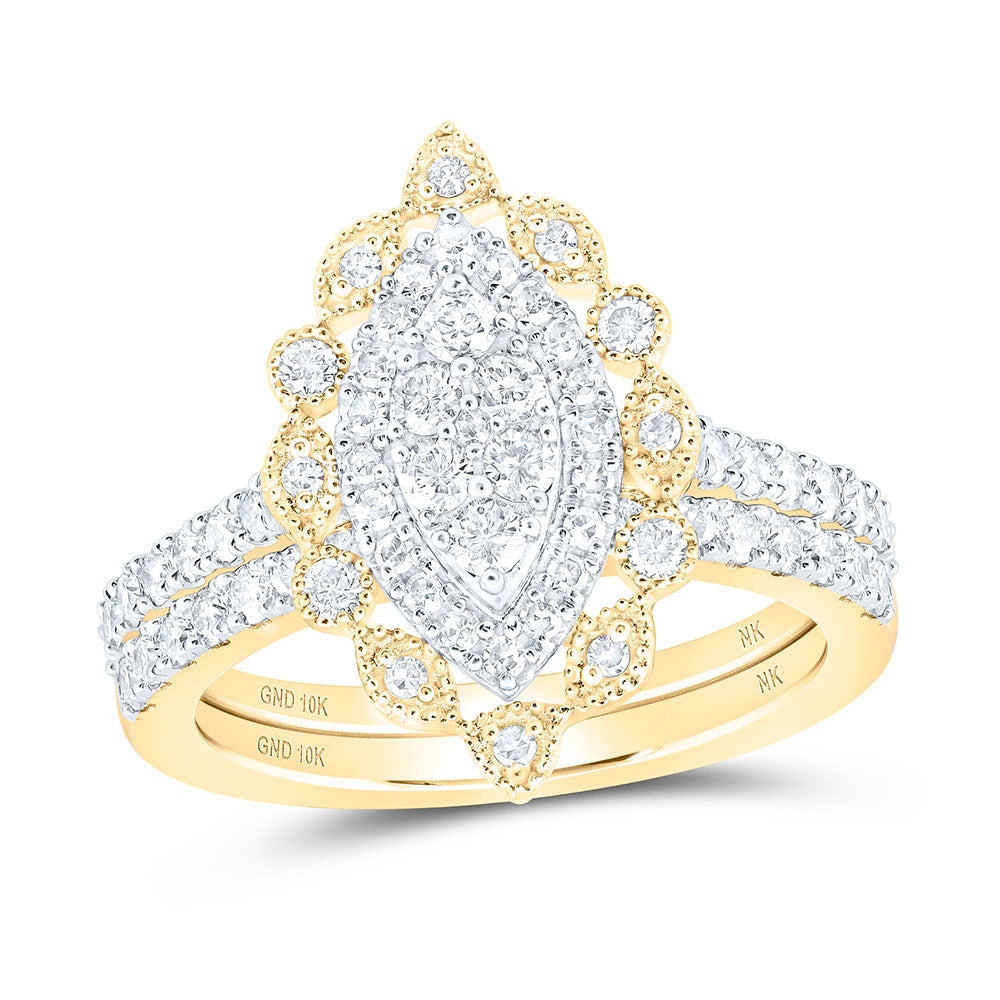 10K Yellow Or White Or Rose Gold Round Diamond Marquise-shape Bridal Wedding Ring Band Set , Womens Size: 5-10