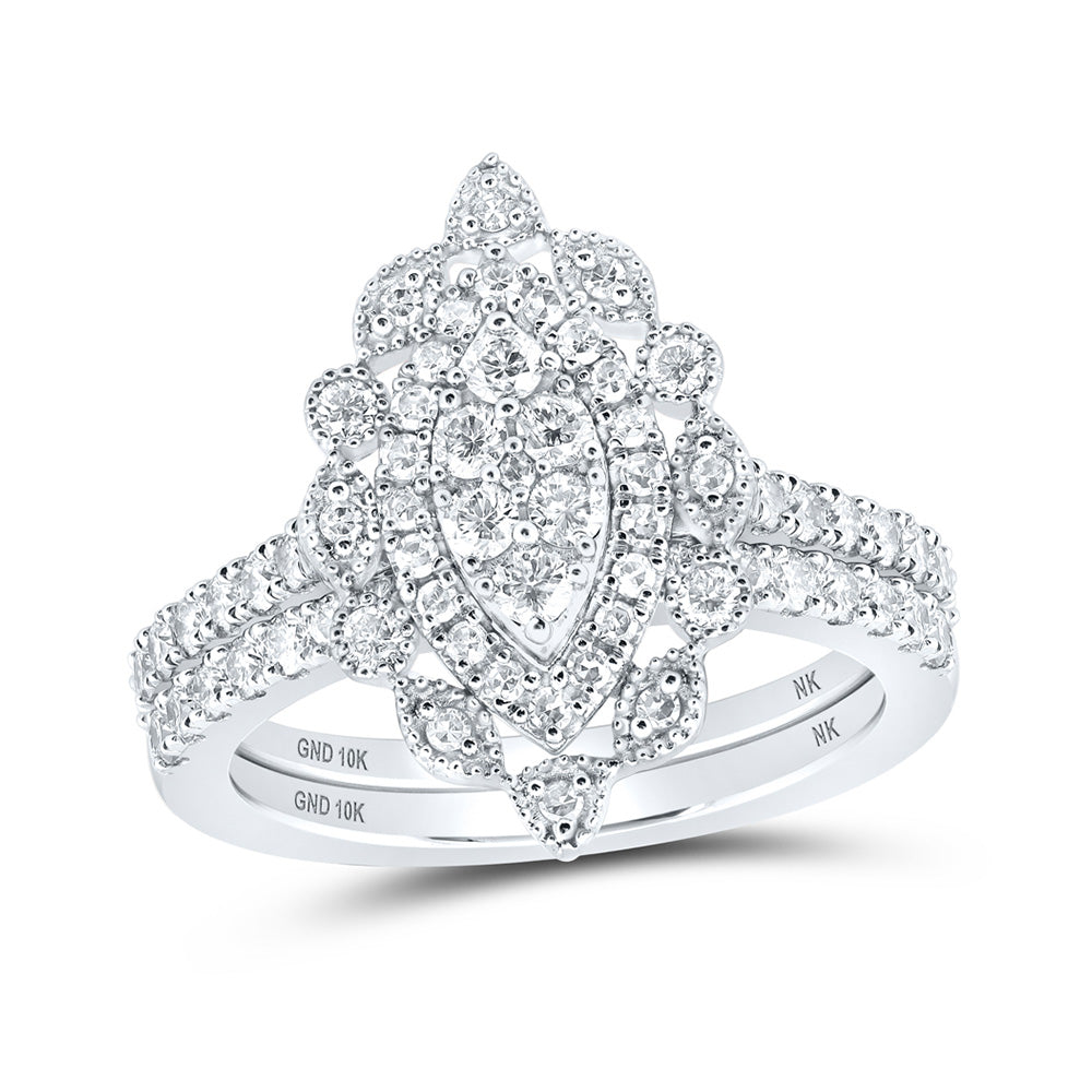 10K Yellow Or White Or Rose Gold Round Diamond Marquise-shape Bridal Wedding Ring Band Set , Womens Size: 5-10
