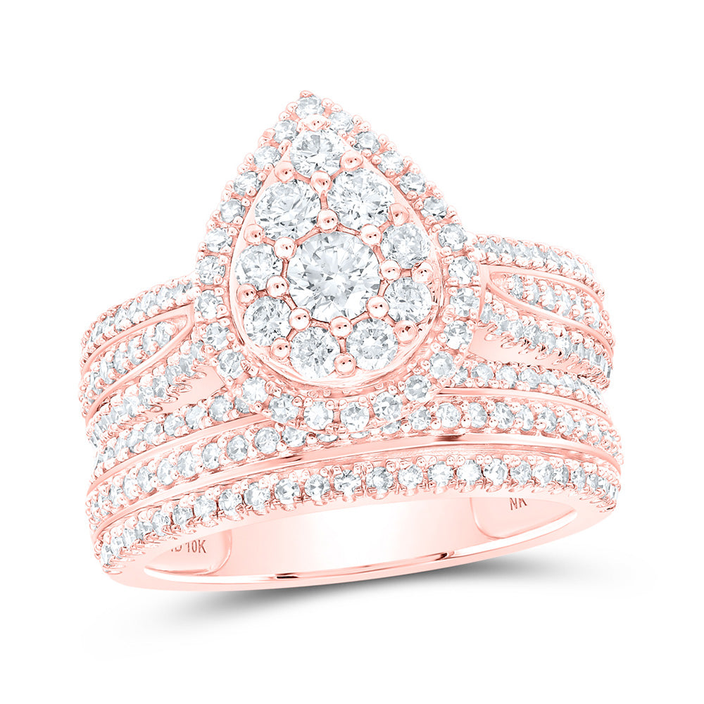 10K Rose Gold Round Diamond Teardrop Halo Bridal Wedding Ring Band Set 1-1/2 Cttw, Womens Size: 5-10