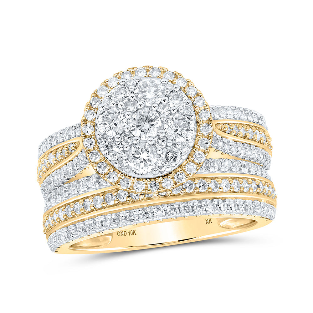 10K Yellow Gold Round Diamond Cluster Bridal Wedding Ring Band Set 1-1/2 Cttw, Womens Size: 5-10