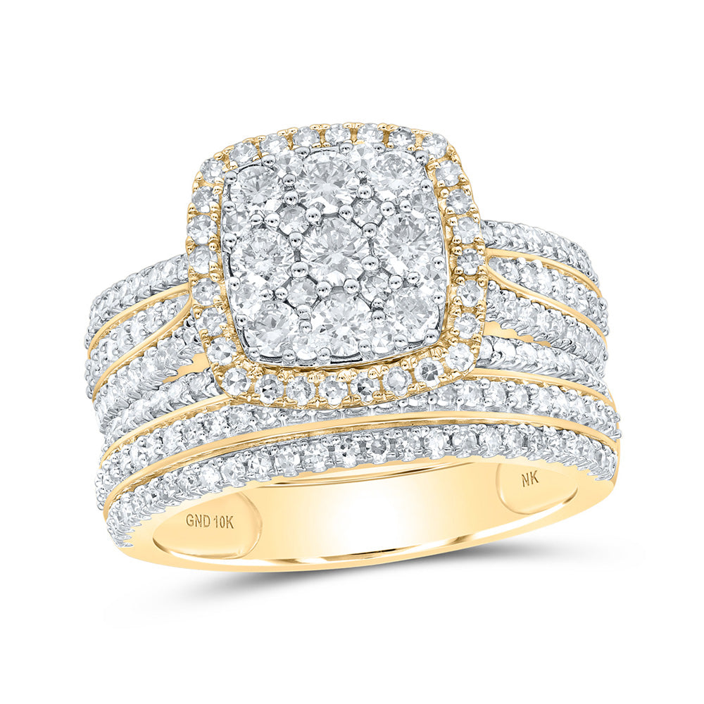 10K Yellow Gold Round Diamond Square Cluster Bridal Wedding Ring Band Set 1-1/2 Cttw, Womens Size: 5-10